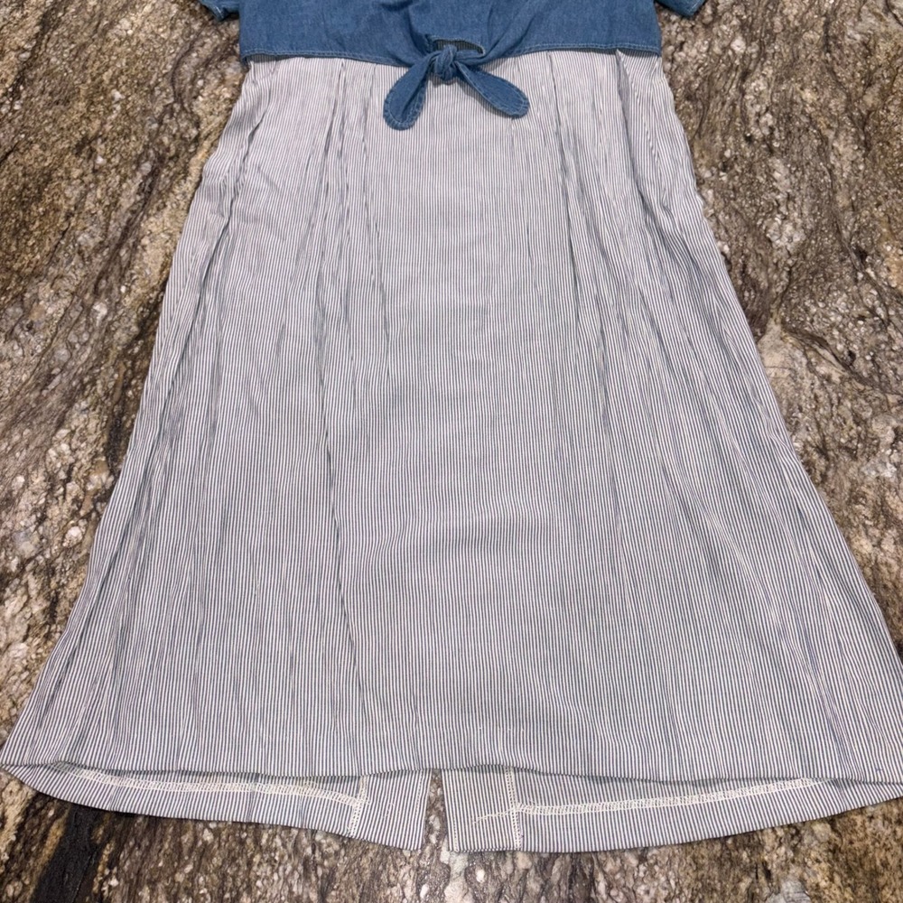 Vintage Embroidered Denim Striped Midi Dress Cottagecore Women 14P Blue - Picture 11 of 12
